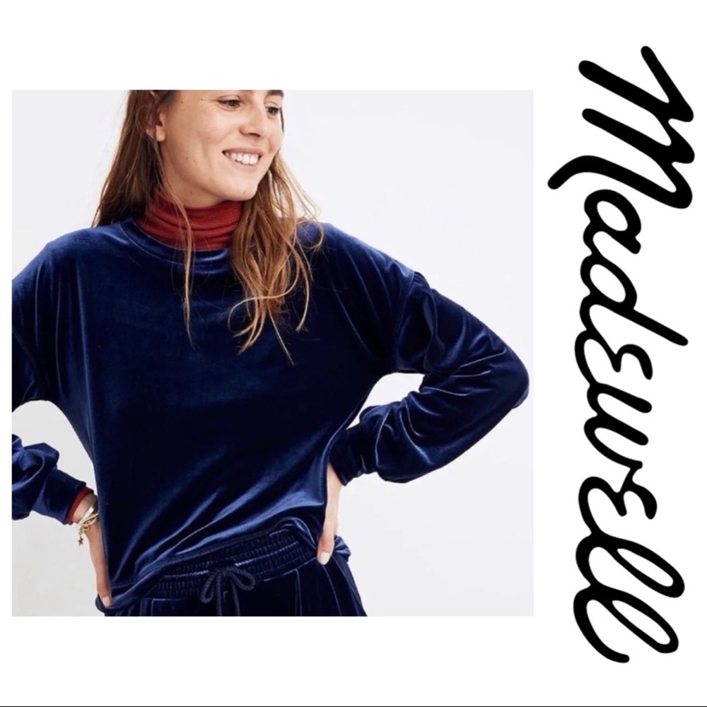 Madewell Crushed Velvet Balloon Long Sleeve Oversized Top Blue